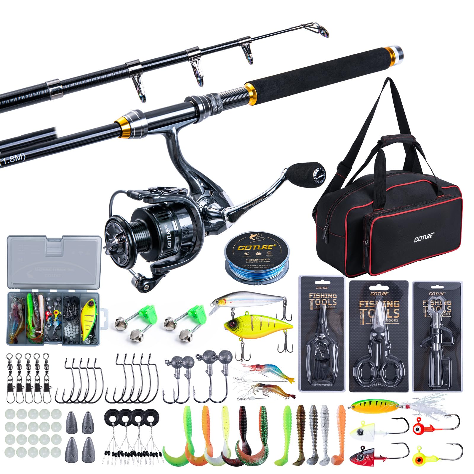 Reel Bag - ชุดคันเบ็ดตกปลาแบบยืดหดได้ Goture พร้อมรอก 1.8ม.-2.7ม. คันเบ็ดแบบยืดหดได้ รอกสปินนิ่ง